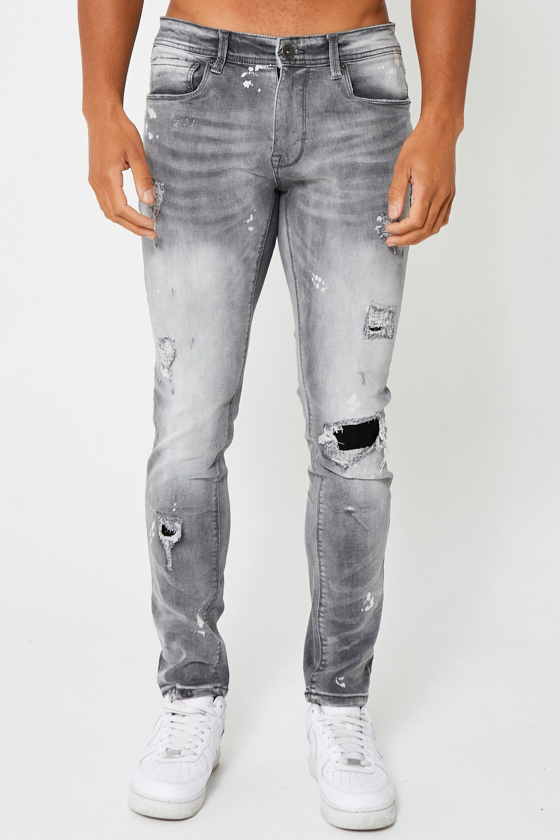 Mens Jeans Washed Grey Tapered Slim Paint Splatter Rip & Repair Harrow – Voi  London