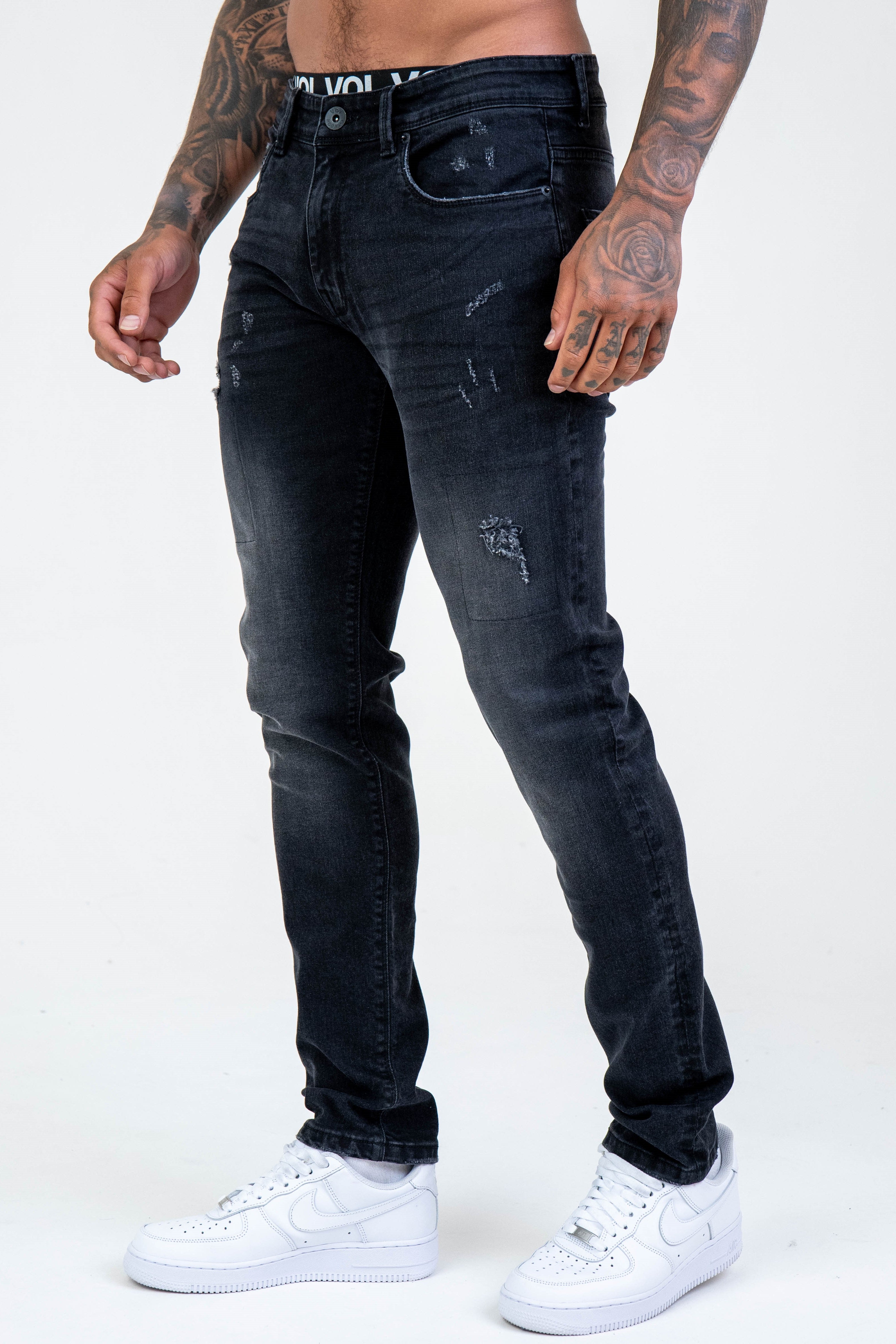 Mens black ripped tapered jeans best sale