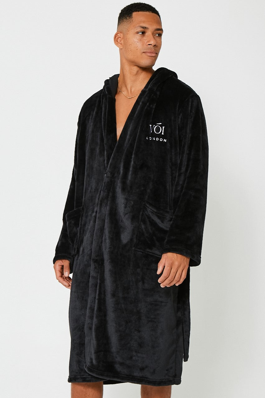 Mens Black Hooded Fluffy Dressing Gown Robe Nightwear Voi London