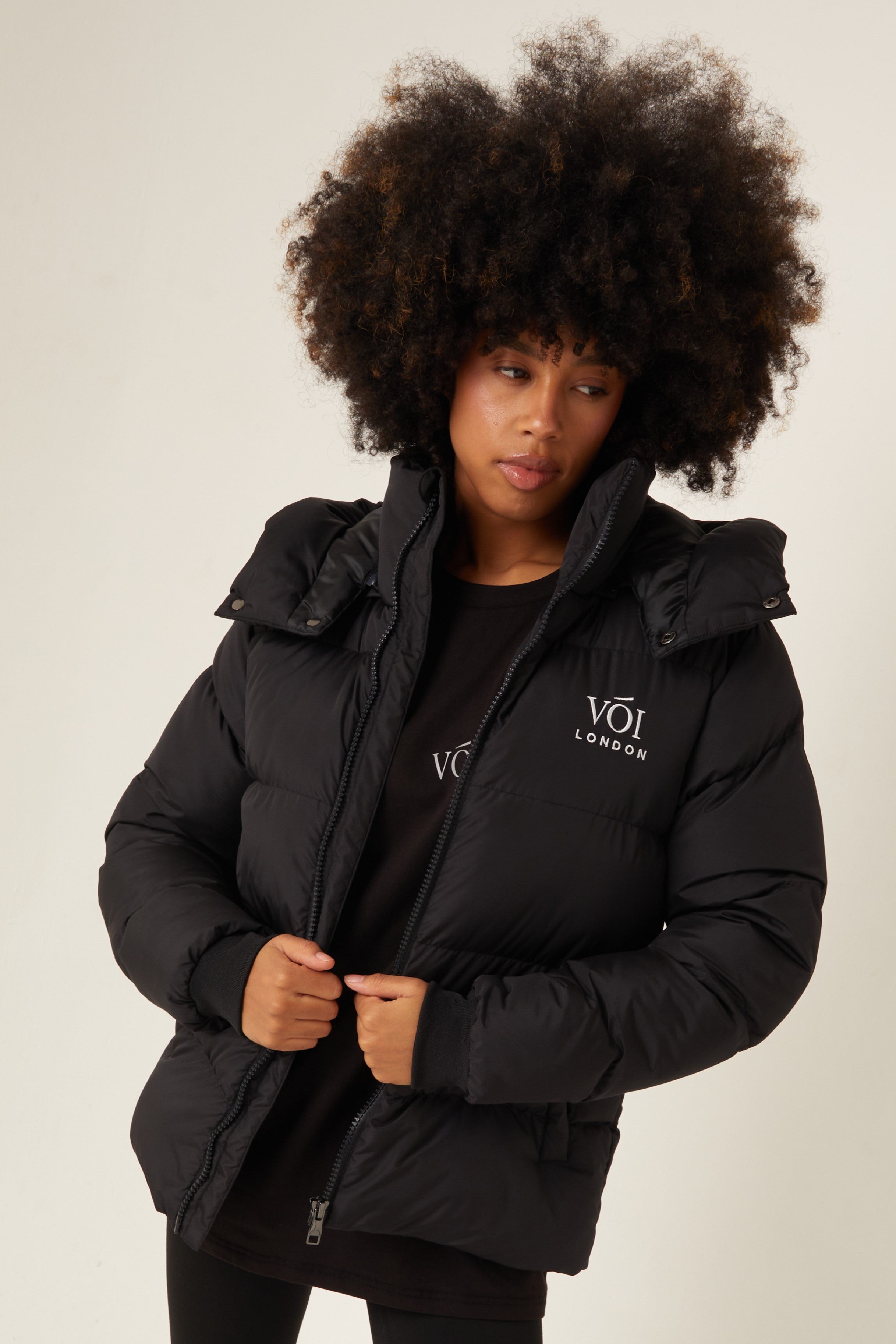 Womens Puffer Jacket Zipped Pockets Winter Coat In Black Voi London