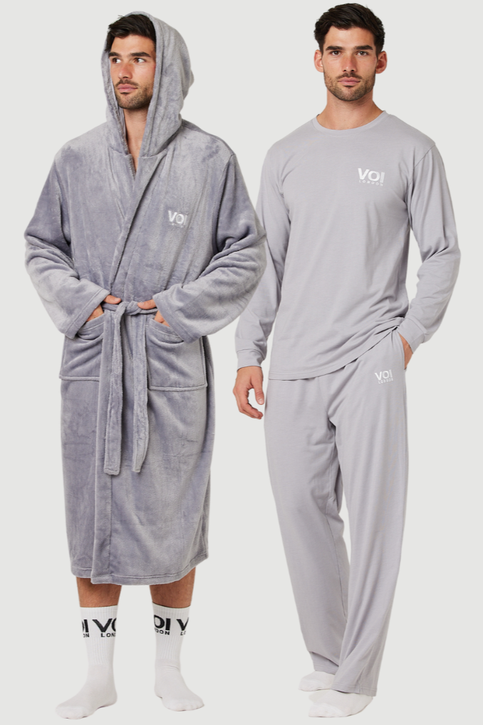 Fleece Dressing Gown Cotton PJ Set Bundle Grey Grey