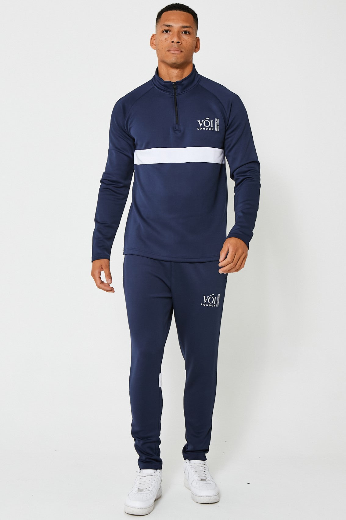 Mens 1/4 Zip Tracksuit Set Jacket & Jogger Navy Blue Polyester ...