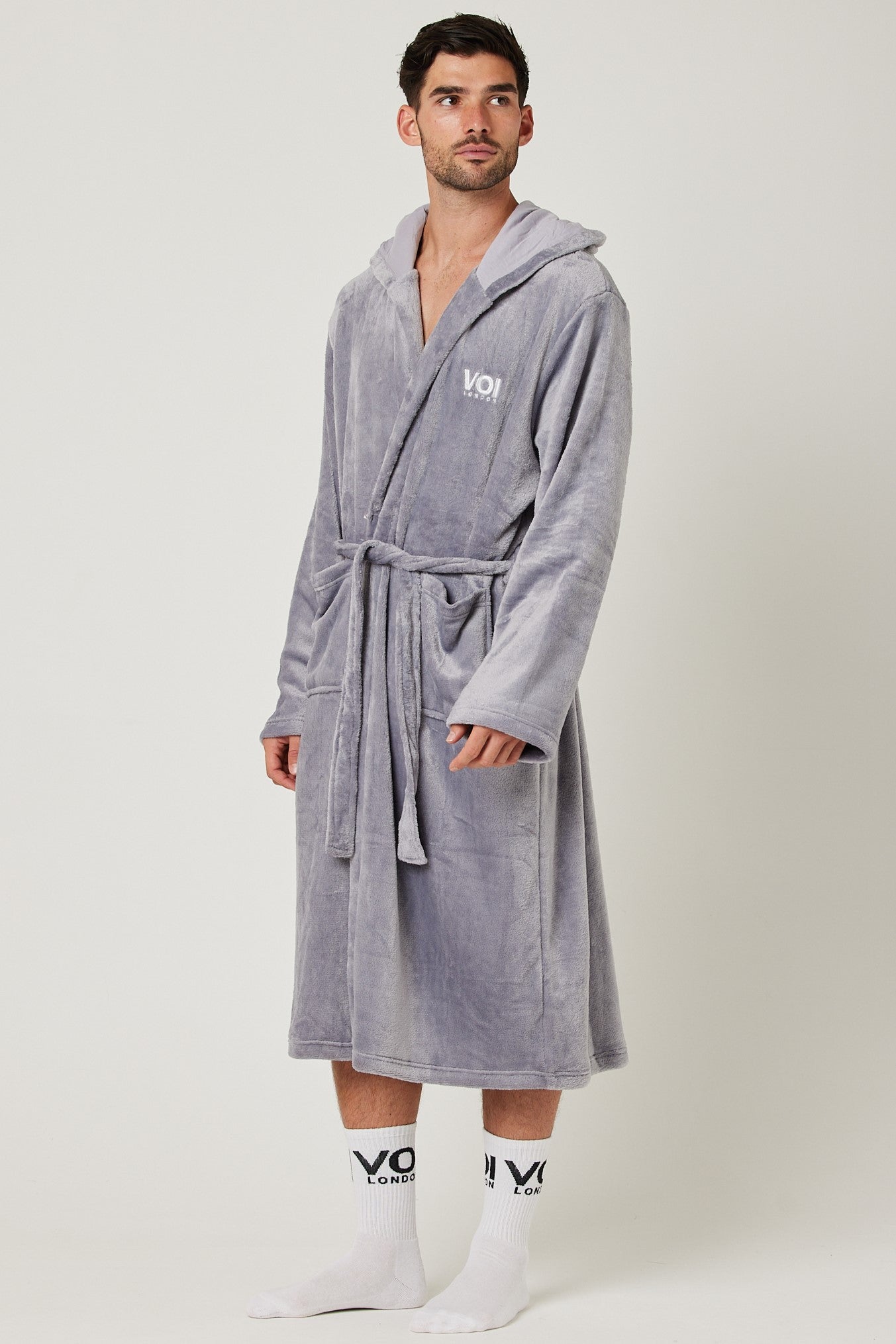 Fleece Dressing Gown Cotton PJ Set Bundle Grey Navy