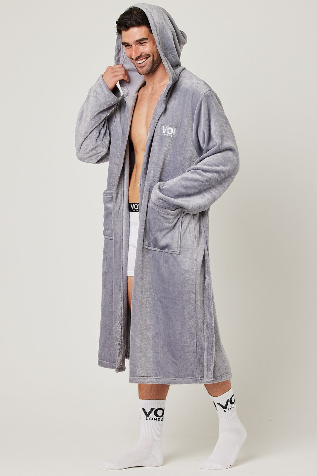 Fleece Dressing Gown & Cotton PJ Set Bundle - Grey/Navy