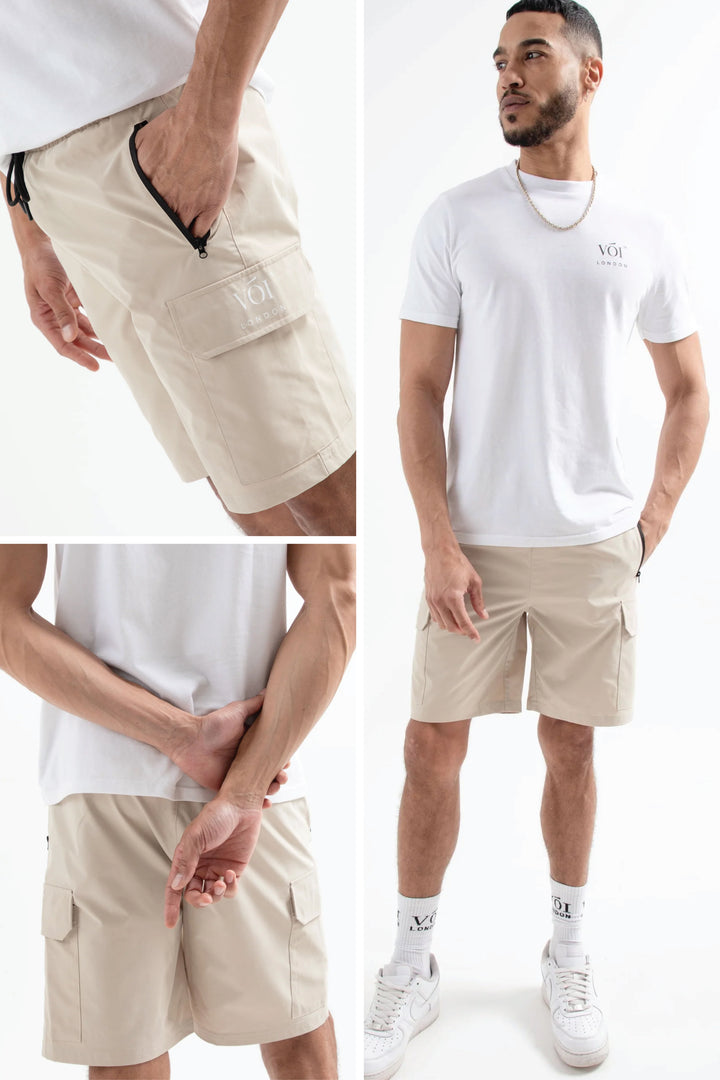 Brook Street T-Shirt und Cargo-Shorts-Set - Weiß / Stein