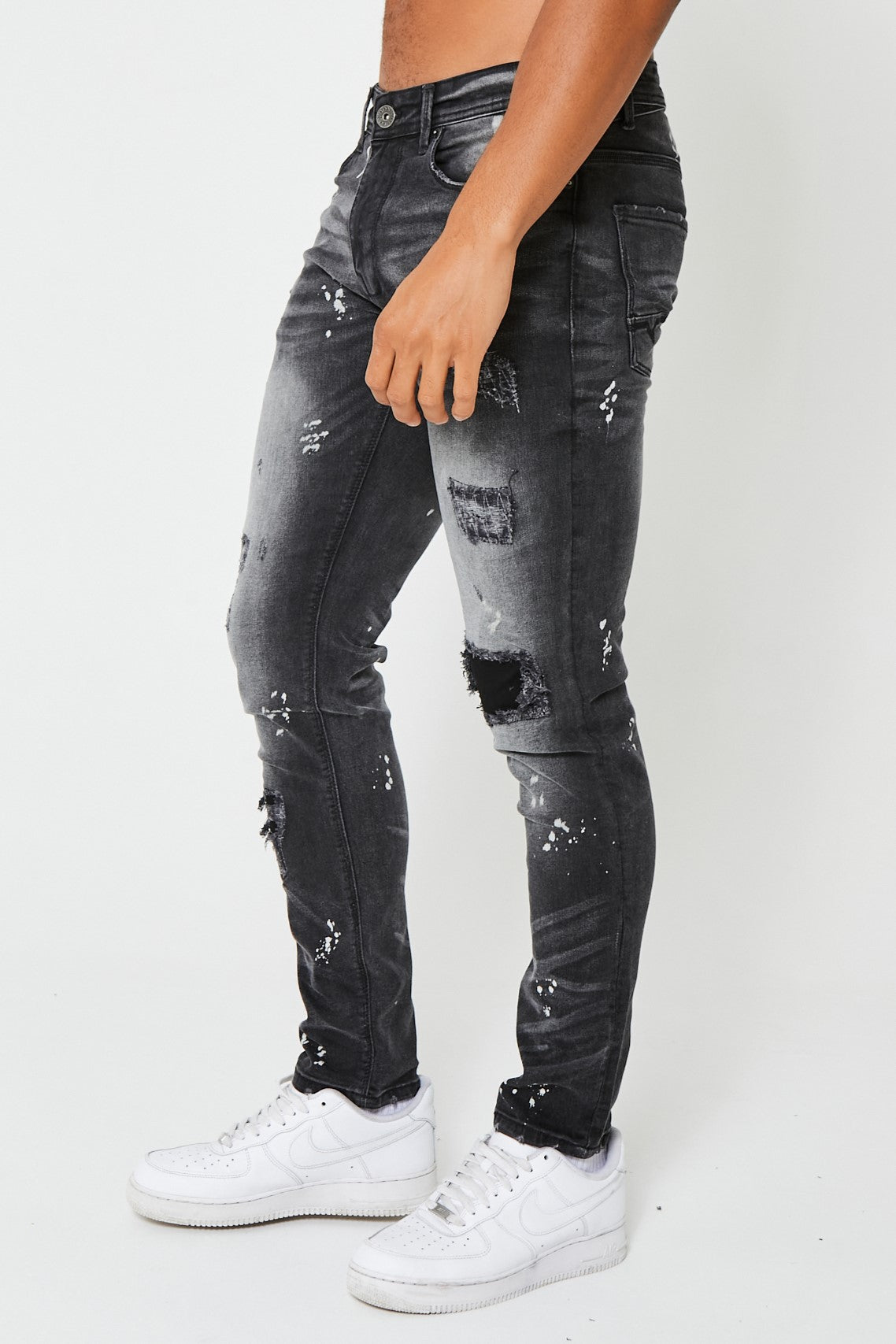 Mens black ripped tapered jeans sale