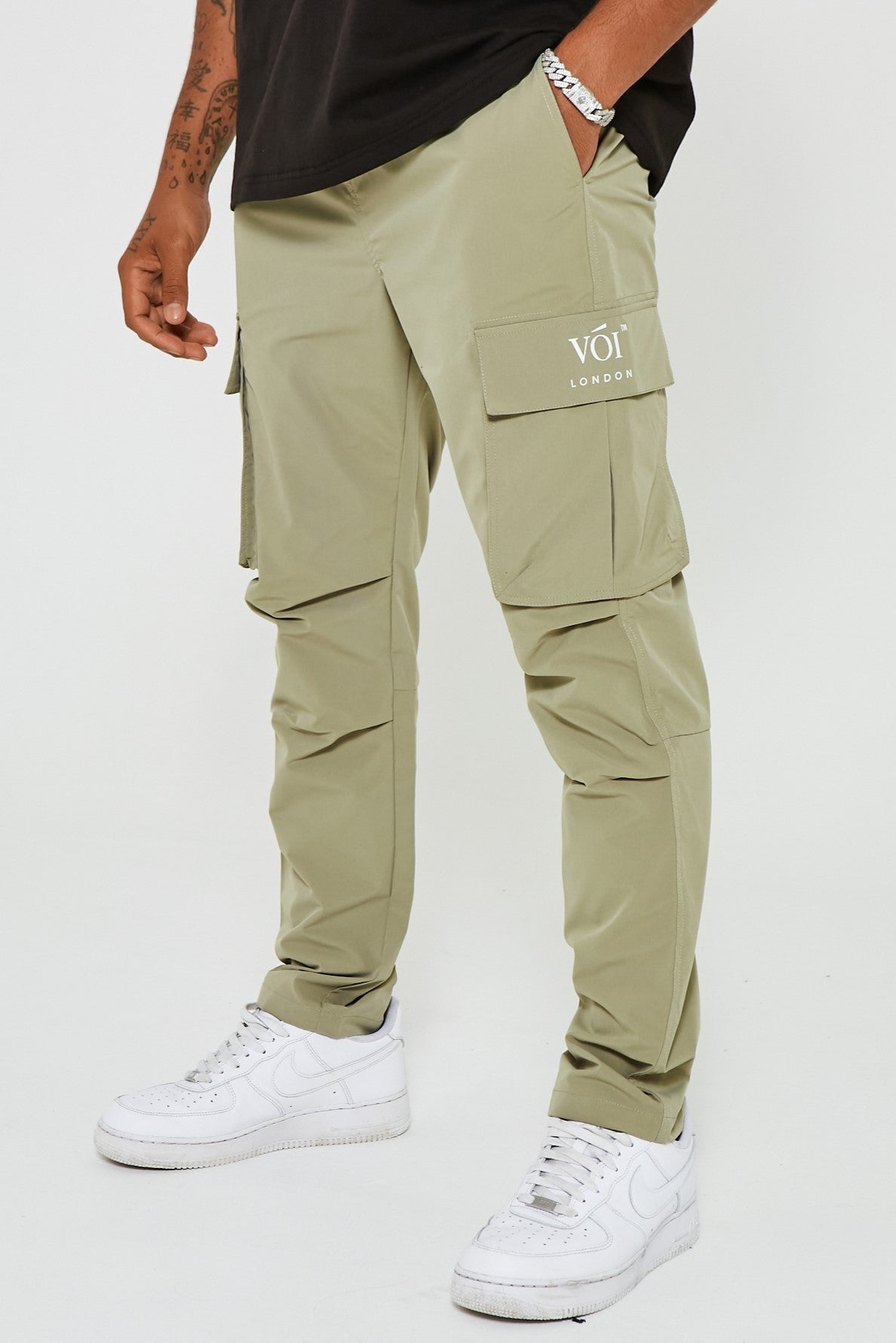 Mens Woven Cargo Pants, Tapered Fit Elasticated Waist, Khaki Green ...