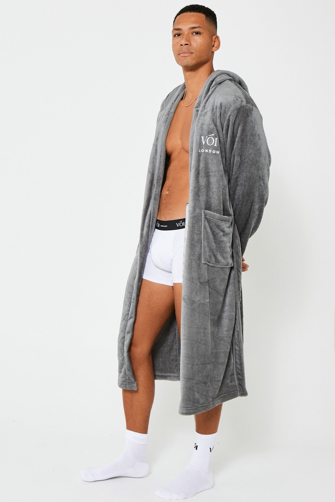 Mens Grey Hooded Fluffy Dressing Gown Robe Nightwear Voi London