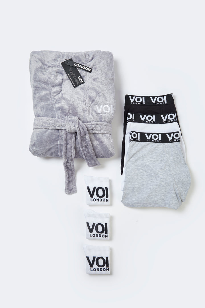 Fleece Dressing Gown & Boxers & Socks Bundle - Grey